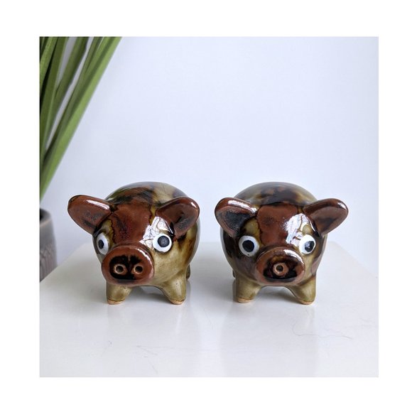 Vintage Ceramic Brown Flow Glaze Pigs Salt & Pepper Shakers Japan - Picture 4 of 6